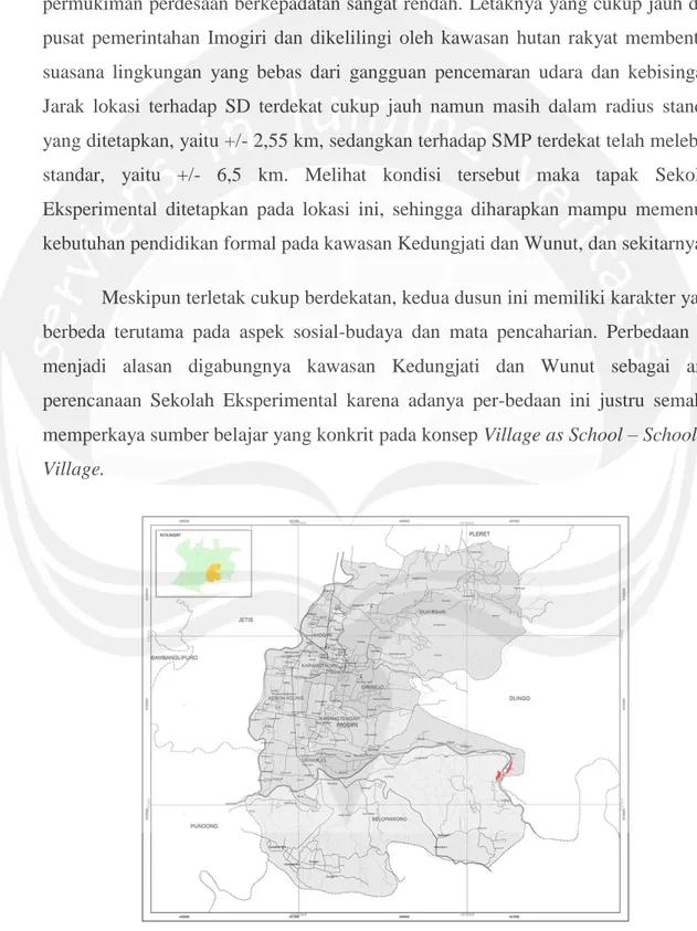 Gambar 3. 2: Lokasi Tapak (blok merah) terhadap Kecamatan Imogiri. 