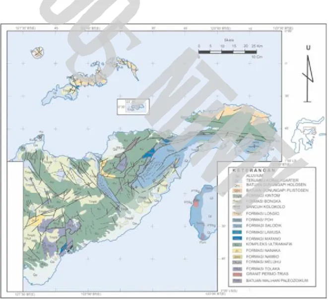 Gambar 2. Peta geologi Lengan Timur Sulawesi (disederhanakan dari Rusmana dkk., 1993a; dan Surono drr., 1994).