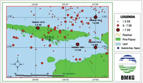 Gambar 11. Sebaran gempa tahun 1900-2007 di atas 7 skala Richter daerah Pulau yapen dan  sekitarnya BMKG (2010).