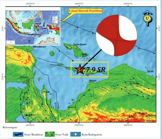 Gambar 1. Peta lokasi daerah penelitian dan gempabumi 7,9 skala Richter yang terjadi di Pulau yapen  Papua.
