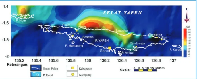 Gambar 6. Peta anomali Bouguer memperlihatkan anomali tinggi di utara 220 mGal membentuk klosur tinggian sesar naik dan  anomali rendah hingga -90 mgal membentuk cekungan sedimen yang tebal Pulau Yapen.