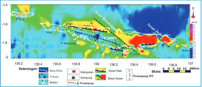 Gambar 7. Peta struktur anomali sisa memperlihatkan sesar naik Aoara dan Serui serta sesar geser Pulau Yapen Papua.