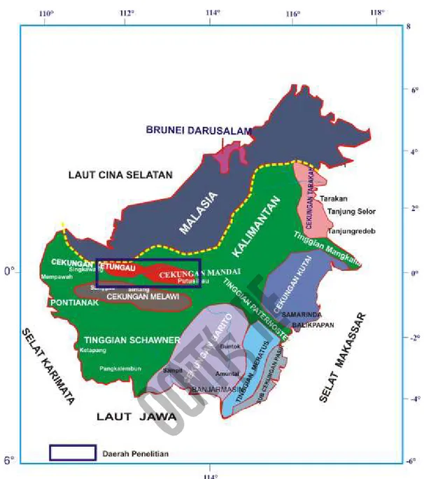 Gambar 1. Lokasi penelitian Daerah Merakai dan sekitarnya, Cekungan Ketungau Sintang,  Kalimantan Barat.