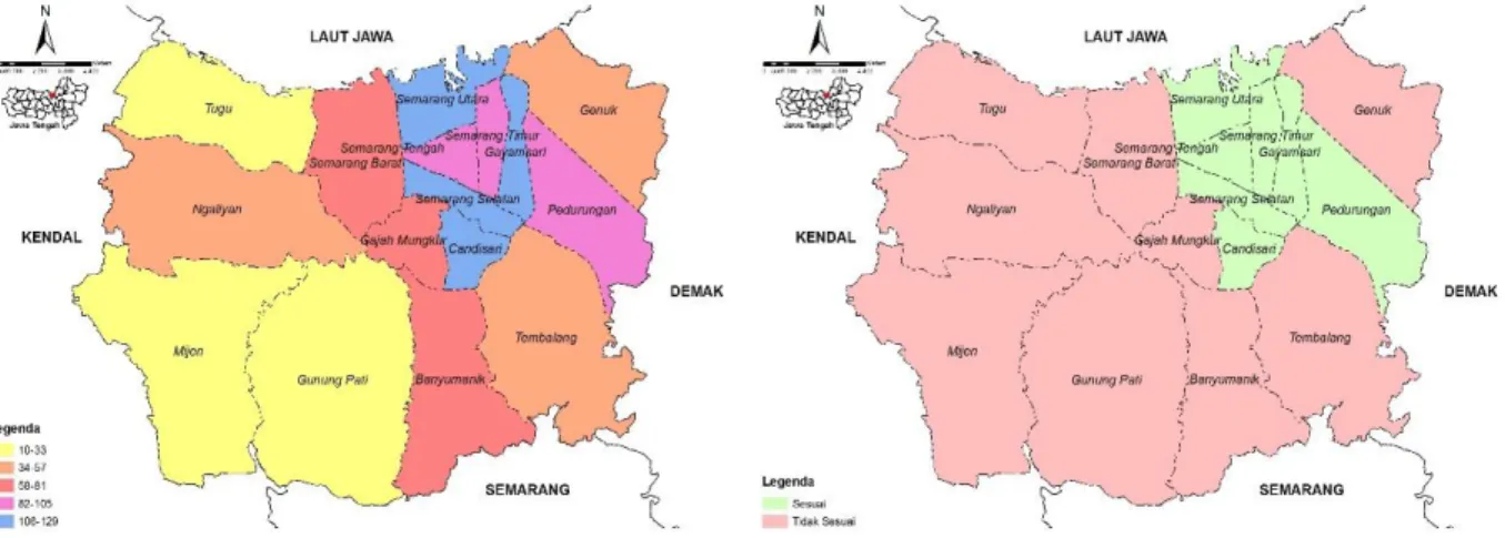 Gambar 4. Kepadatan penduduk Kota Semarang dan Kesesuaian Zona Berdasarkan Kepadatan Penduduk  (RTRW Kota Semarang 2011-2031, Olah Data) 