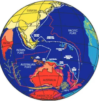 Gambar 1.3 Pada Kala Eosen (sekitar 55 juta tahun yang lalu) sebagian Kepulauan Indonesia (Sumatra,  Jawa, dan Kalimantan) masih berada dan menyatu dengan Benua Eurasia di utara, sedangkan sebagian  kepulauan lainnya (Papua) masih menyatu dengan Benua Aust
