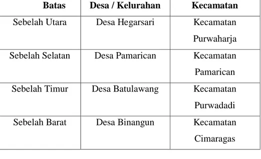 Tabel 3.1  Batas Wilayah Desa Sukamukti  Batas  Desa / Kelurahan  Kecamatan  Sebelah Utara  Desa Hegarsari  Kecamatan 