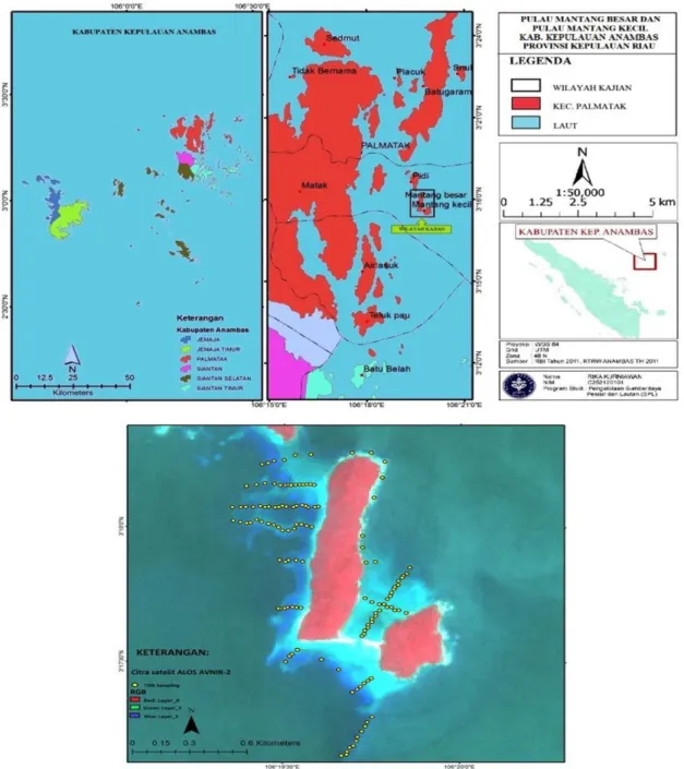 Gambar 1.  Peta lokasi dan titik sampling penelitian di Pulau Mantang Besar dan Pulau                       Mantang Kecil, Kabupaten Kepulauan Anambas Provinsi Kepulauan Riau