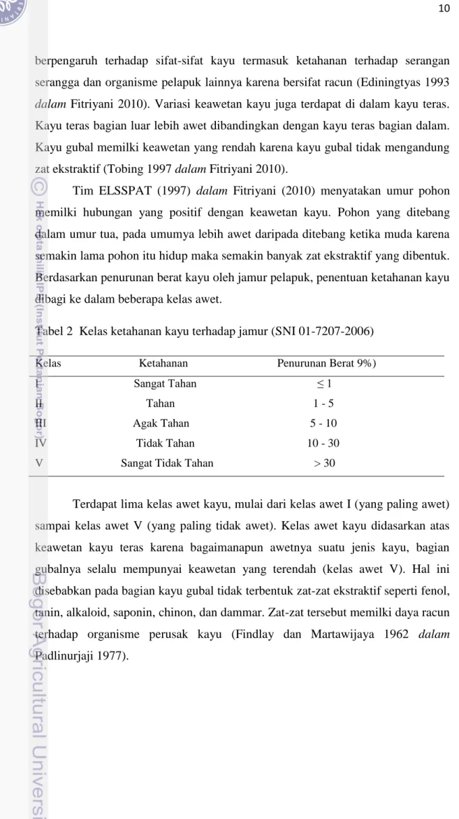 Tabel 2  Kelas ketahanan kayu terhadap jamur (SNI 01-7207-2006)  Kelas                           Ketahanan                               Penurunan Berat 9%)  I                                 Sangat Tahan                                          ≤ 1 