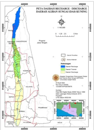 Gambar 2. Peta Daerah  Recharge , Transisi, dan  Discharge   Kebutuhan dan Ketersediaan Air tanah di DAS Kuning 