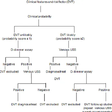 Gambar 1. Algorithm diagnosis DVT dengan menggunakan clinical assesment, D-dimer testing,  dan venous ultrasonography 8,9   