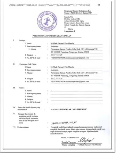 Gambar 3. Surat Pendaftaran Hak Cipta dari Karya Ni Made PFM 