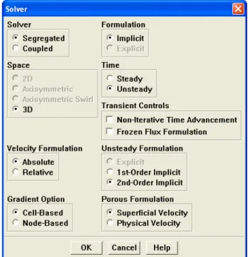 Gambar 2.10 memperlihatkan menu solver pada FLUENT dan parameter-parameter yang  digunakan pada model