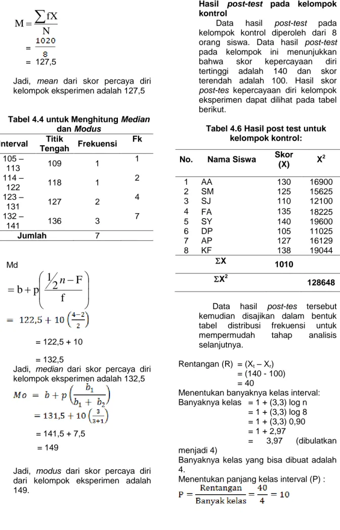Tabel 4.4 untuk Menghitung Median  dan Modus  Interval  Titik  Tengah  Frekuensi  Fk  105 –  113  109  1  1  114 –  122  118  1  2  123 –  131  127  2  4  132 –  141  136  3  7  Jumlah  7  Md   f2F1pbn = 122,5 + 10  = 132,5 