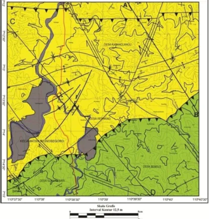 Gambar 3.  Peta geologi daerah penelitian yang menunjukan pola struktur geologi pada daerah  penelitian