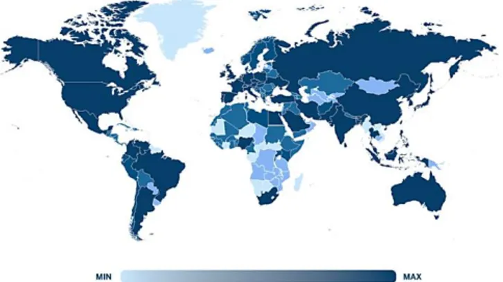 Gambar 3. Indeks Global Media Stress selama Pandemi COVID-19 di Berbagai Belahan  Dunia (BBVA, 2020)  