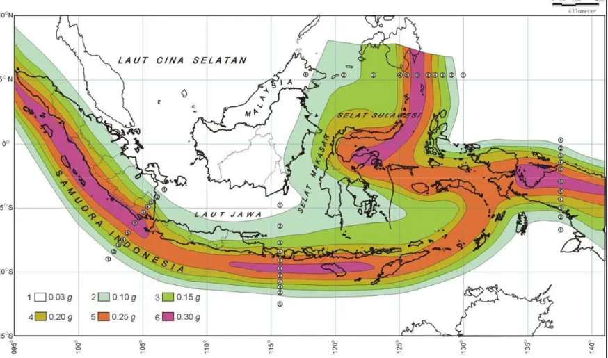 Gambar 2.7 Wilayah Gempa Indonesia dengan Percepatan Puncak Batuan Dasar Perioda Ulang 500 Tahun  (Sumber : SNI 03-1726-2002)