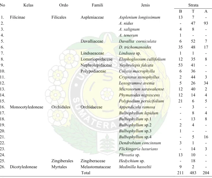 Tabel 1. Jenis-jenis makroepifit di Hutan Telaga Taman Nasional Gunung Leuser Kabupaten Langkat  Strata 