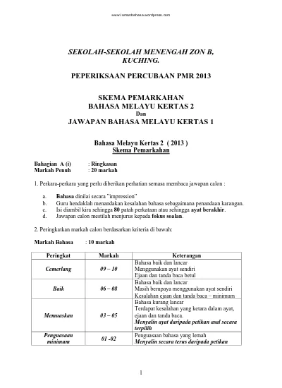 SEKOLAH-SEKOLAH MENENGAH ZON B, KUCHING. PEPERIKSAAN PERCUBAAN PMR ...