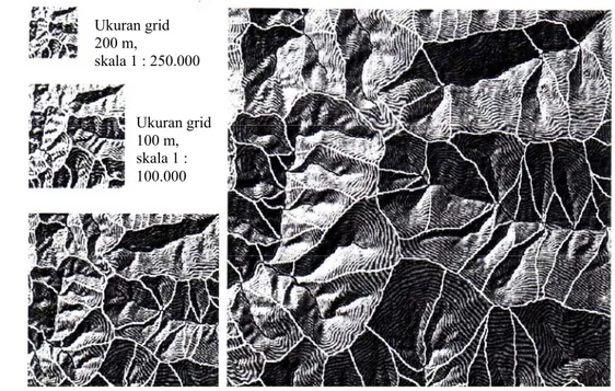 Gambar 14. Ilustrasi Batas sub-DAS pada Berbagai Grid dan Skala (Rieger, 1992) Ukuran grid 50 m,                          Ukuran grid 25 m, skala 1 : 25.000 
