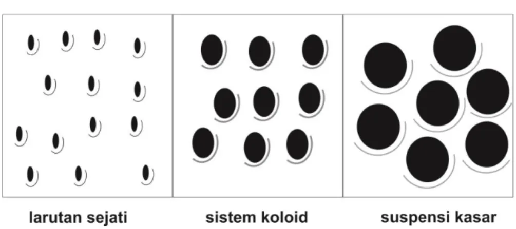Gambar 1.1.  Perbedaan  ukuran  partikel  pada  larutan  sejati,  sistem  koloid  dan  suspensi kasar 
