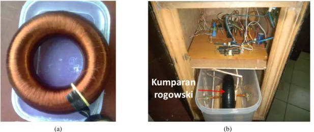 Gambar 6. Kumparan Rogowski yang dibuat (a). Gambar b memperlihatkan kumparan Rogowski dan rangkaian  pengkondisi sinyalnya  