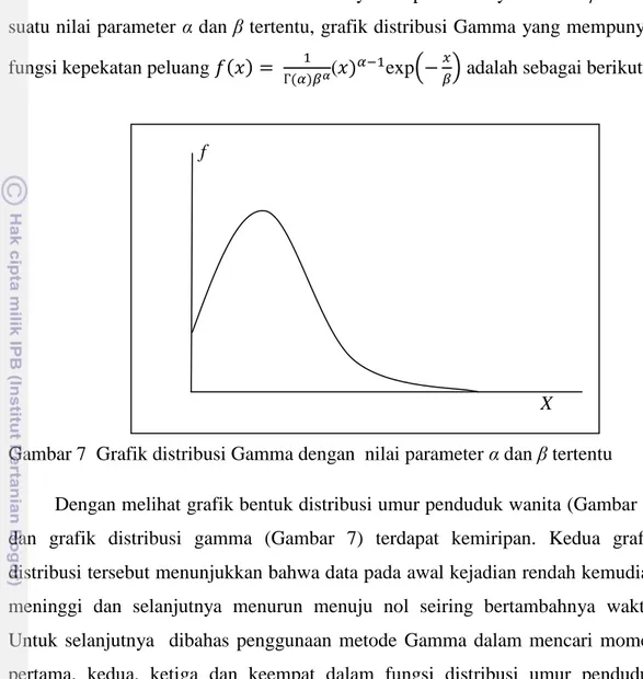 Gambar 7  Grafik distribusi Gamma dengan  nilai parameter α dan β tertentu  Dengan melihat grafik bentuk distribusi umur penduduk wanita (Gambar 6)  dan  grafik  distribusi  gamma  (Gambar  7)  terdapat  kemiripan