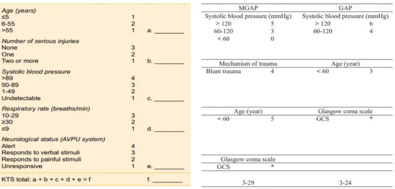 Tabel 15. Sistem penilaian trauma KTS Tabel 16. Sistem penilaian trauma MGAP dan GAP