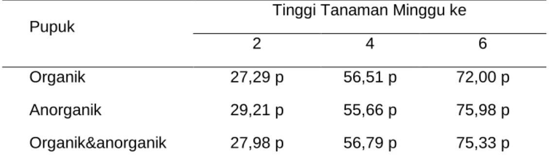Tabel 1. Purata tinggi tanaman (cm) minggu ke 2, 4, 6 setelah tanam pada perlakuan jenis  pupuk 