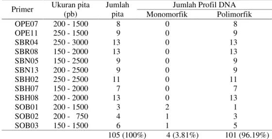 Gambar  5.  Pola  pita  penanda  RAPD  yang  dibangkitkan  menggunakan  primer  SBN5 pada genotipe tetua (T 1 =JBBMQH6; T 2 = JBSMSC3) dan 30 F 1