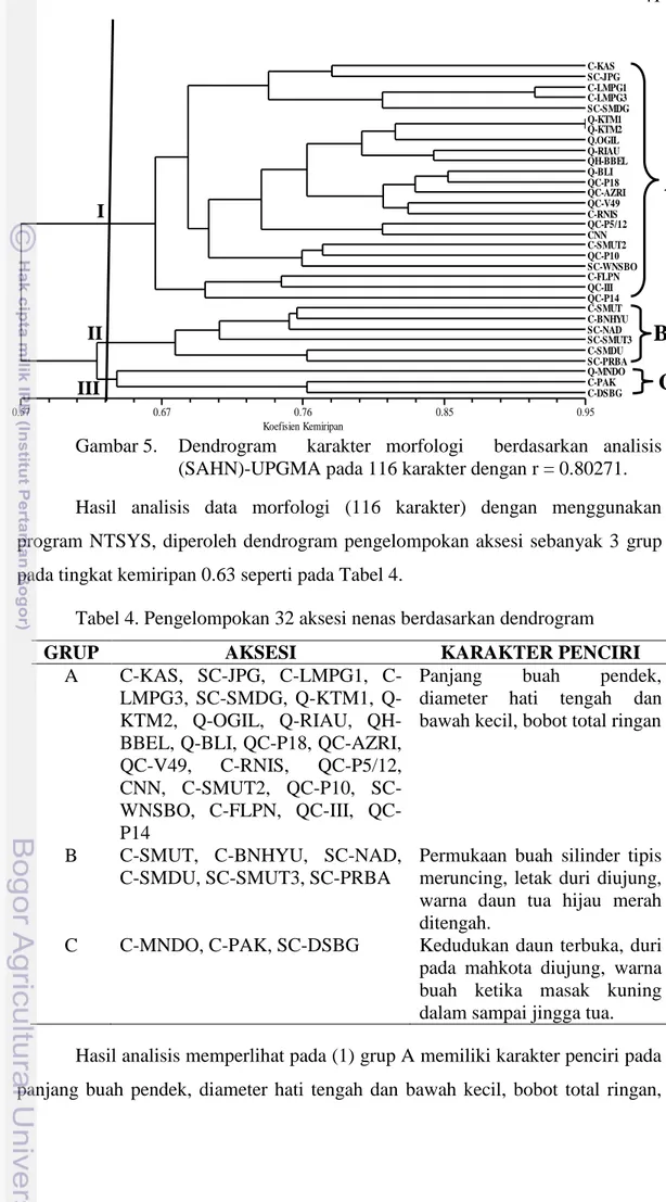 Gambar 5.   Dendrogram    karakter  morfologi    berdasarkan  analisis  (SAHN)-UPGMA pada 116 karakter dengan r = 0.80271