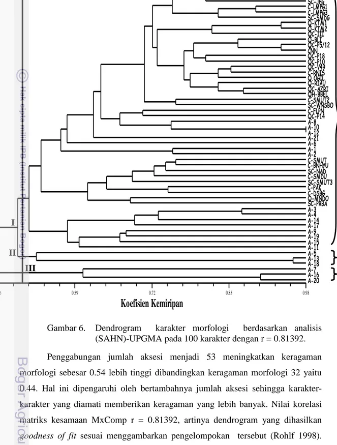 Gambar 6.   Dendrogram    karakter  morfologi    berdasarkan  analisis  (SAHN)-UPGMA pada 100 karakter dengan r = 0.81392