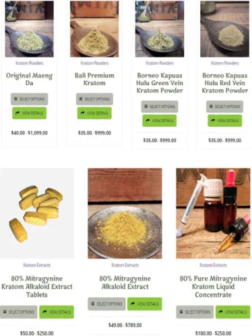Gambar 2.  Produk-produk tanaman kratom yang diperjualbelikan secara online  Sumber : https://kratom.com/ 