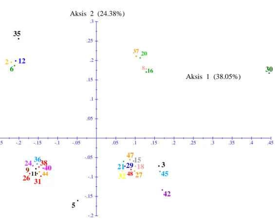 Gambar 1.  Analisis faktorial Principal Coordinates Analysis  (PCoA) aksis 1 (horizontal)  dan  aksis  2  (vertikal)  yang  dianalisis  berdasarkan  matrix  dissimilarity  simple  matchingdengan menggunakan Marka SSR 