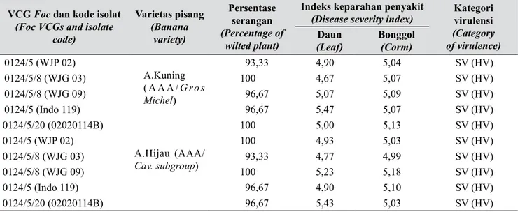 Tabel 3.   Indeks keparahan penyakit pada daun dan bonggol tanaman pisang Ambon Kuning (AAA/Gros  Michel) dan Ambon Hijau (AAA/Cav.subgroup) oleh isolat Foc VCG complex 0124 2 bulan setelah  inokulasi ((Leaf and corm disease severity index of Foc VCG compl