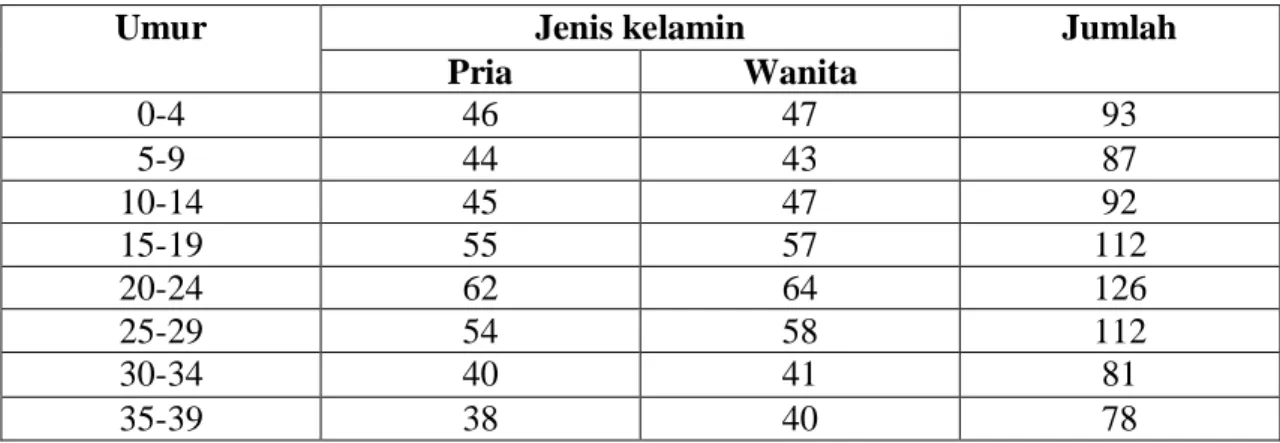 Tabel berikut akan memaparkan secara terperinci tentang jumlah dan komposisi  penduduk berdasarkan umur dan jenis kelamin: 