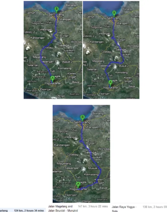Gambar 4. Rute-rute Yogyakarta-Semarang dalam Peta 