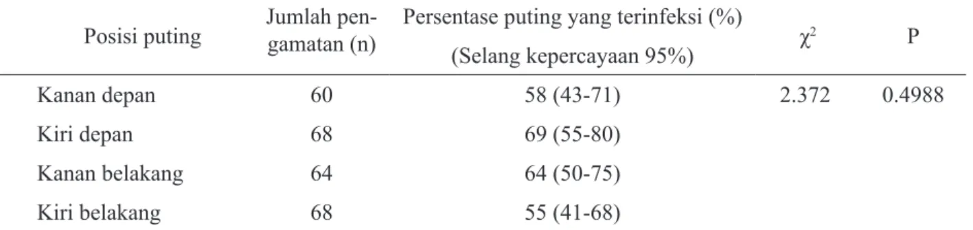 Tabel 2    Persentase puting yang terinfeksi bakteri patogen penyebab mastitis subklinis berdasarkan posisi  puting pada perlakuan celup puting