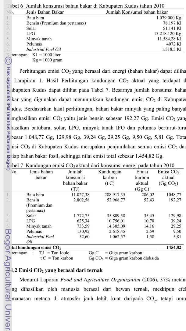 Tabel 6  Jumlah konsumsi bahan bakar di Kabupaten Kudus tahun 2010  No. Jenis  Bahan  Bakar  Jumlah Konsumsi bahan bakar 