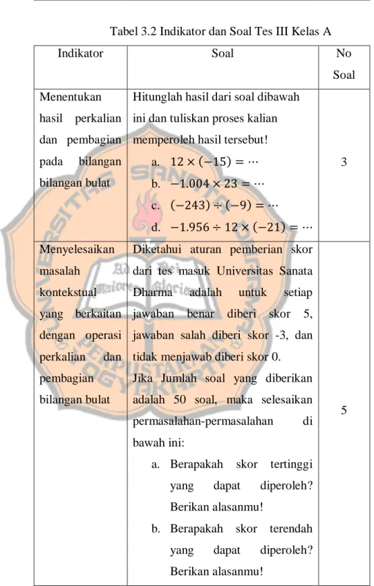 Tabel 3.2 Indikator dan Soal Tes III Kelas A 