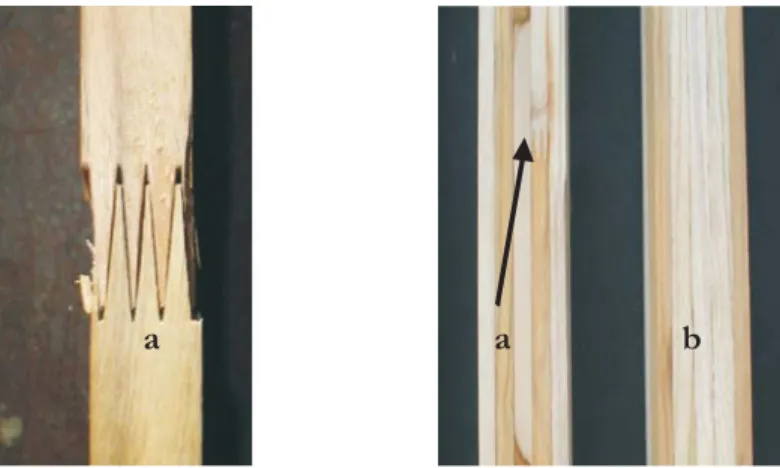 Gambar 3. Profil balok lamina dirakit dari lamina JPP dengan sambungan berbentuk jari (a) dan tanpa sambungan (b)