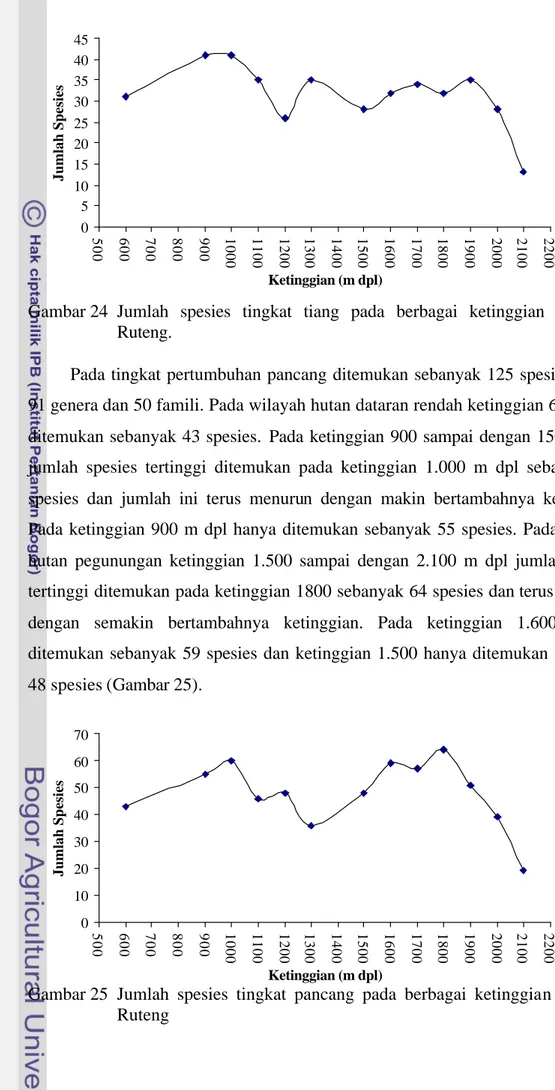 Gambar 24   Jumlah spesies tingkat tiang pada berbagai ketinggian di TWA  Ruteng. 