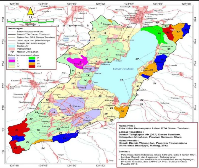 Gambar 1. Peta hasil evaluasi kelas kemampuan lahan wilayah DTA Danau Tondano  Evaluasi  Penggunaan  Lahan  menurut  Kelas 