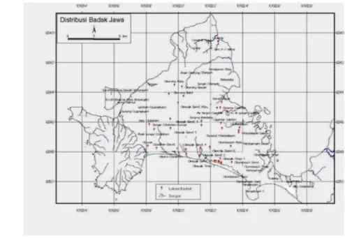 Gambar 35.  Distribusi badak jawa di semenanjung Taman Nasional Ujung Kulon  (titik merah) berdasarkan hasil survey 2005-2010