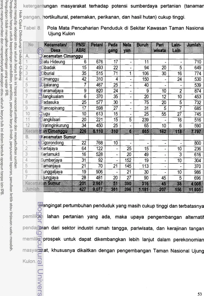 Tabel  8.  Pola Mata Pencaharian Penduduk di Sekitar Kawasan Taman Nasional  Ujung Kulon 