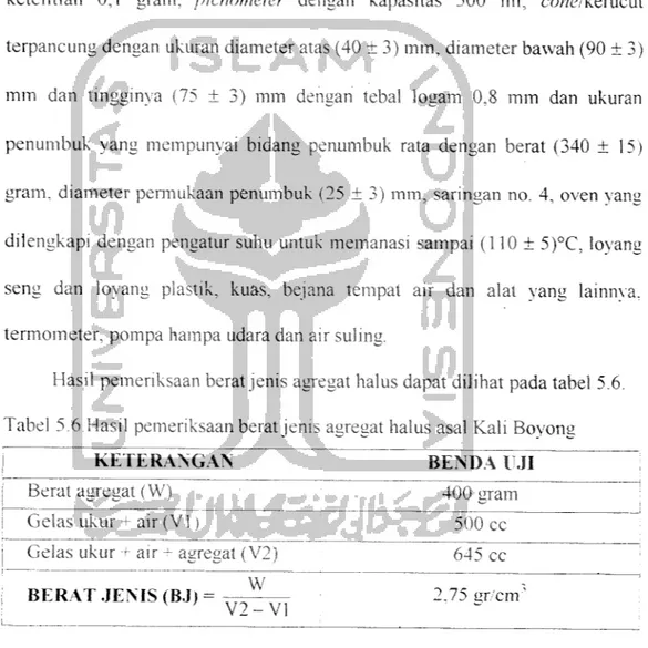 Tabel 5.6 Hasil pemeriksaan berat jenis agregat halus asal Kali Boyong