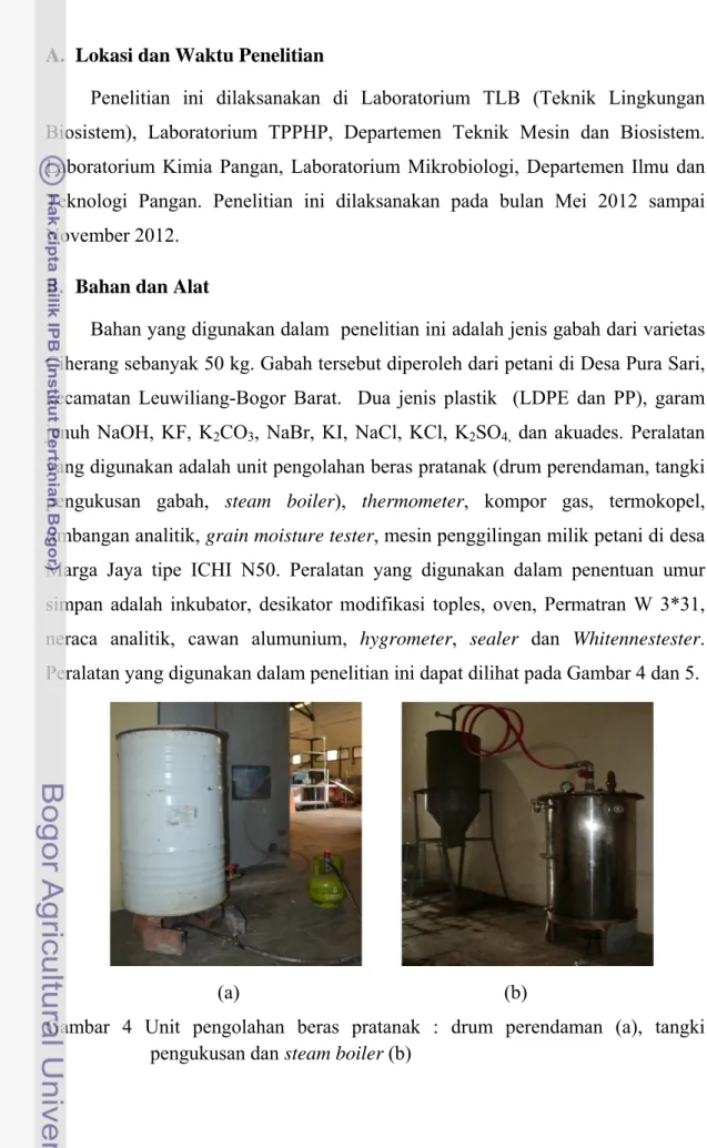 Gambar 4 Unit pengolahan beras pratanak : drum perendaman (a), tangki  pengukusan dan steam boiler (b) 