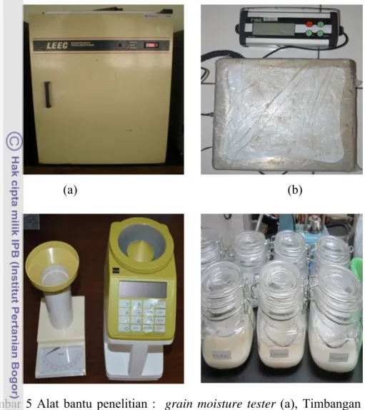Gambar 5 Alat bantu penelitian :  grain moisture tester (a), Timbangan analitik  (b), inkubator (c), dan chamber modifikasi toples (d) 