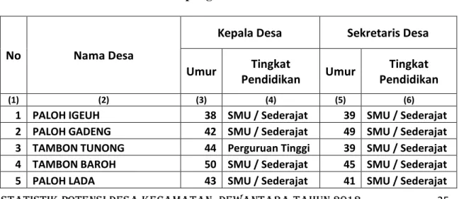 Tabel 4.a.2  Tabel  Struktur  Umur  serta  Tingkat  Pendidikan  Kepala  Gampong  dan Sekretaris Gampong di Kecamatan Dewantara  2011 
