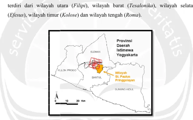 Gambar 1.2. Wilayah penggembalaan Gereja Santo Paulus Pringgolayan di Provinsi  (Sumber : http://stpaulus.wordpress.com/peta/, diakses pada 9 Januai 2014)