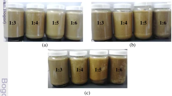 Gambar 4   Produk  M-DAG    pada  berbagai  (v/v)  gliserol  :  PFAD  sebelum  pemurnian pada suhu (a) 150 °C, (b) 160 °C, dan (c) 170 °C